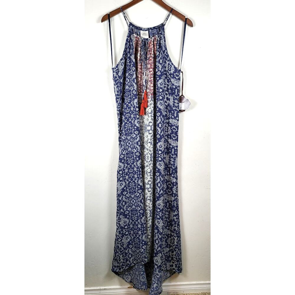 Knox Rose Blue Floral Halter Maxi Dress with Coral Tassel Detail